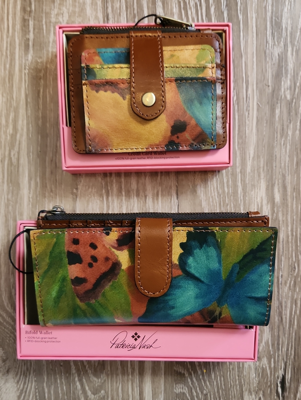2 Piece Patricia Nash Watercolor Butterfly Leather Wallet Set With RFID NIB